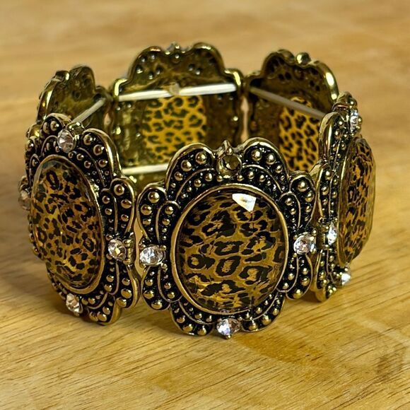 Women’s Animal Print Stretch Bracelet with bronze color and rhinestones - Picture 1 of 4